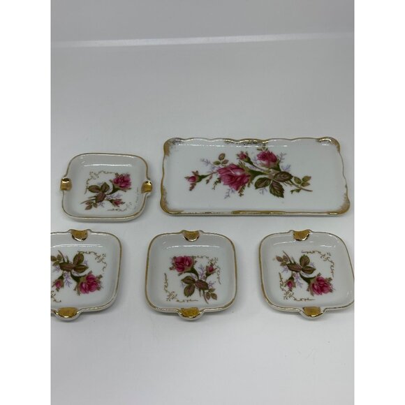 VTG Royal Sealy Japan Porcelain 5-Pc Dresser Set Hand Painted Roses Shabby Chic - Picture 2 of 9